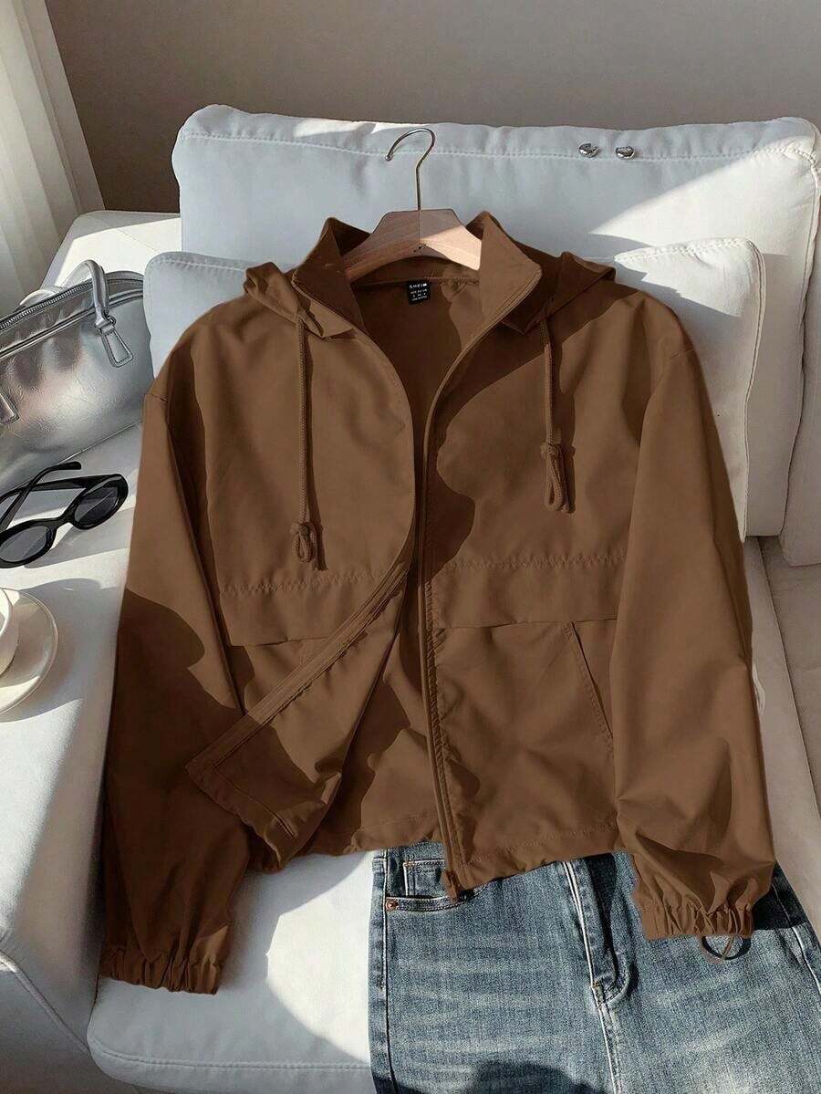 1 pieza Chaqueta casual con capucha, cremallera frontal, manga larga y protección solar, de unicolor, para otoño/invierno - Café integral - Ver 1