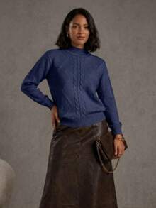 Women's Modal Knit Winter Blouse With Braided High Neck, Modern Style - Navy Blue - View 1