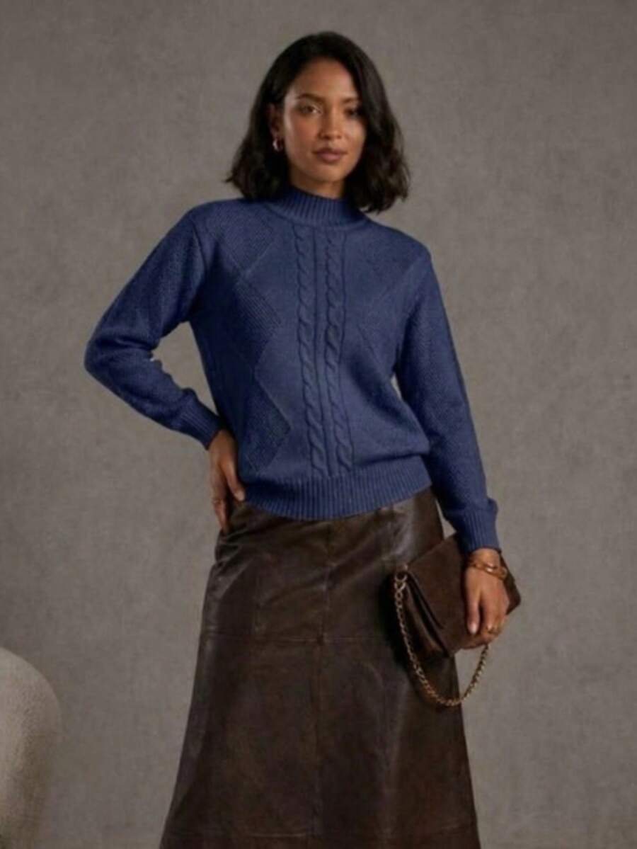 Women's Modal Knit Winter Blouse With Braided High Neck, Modern Style - Navy Blue - View 1
