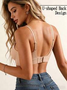 Women's Seamless Removable Pad Wireless Basic Solid Color Lift And Gather Bra - Apricot - View 8