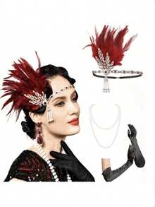 1920s Flapper Accessories Set, Includes Headband, Pearl Necklace, Gloves, Zinc Alloy Decorations For Wedding Party - Multicolor - View 6