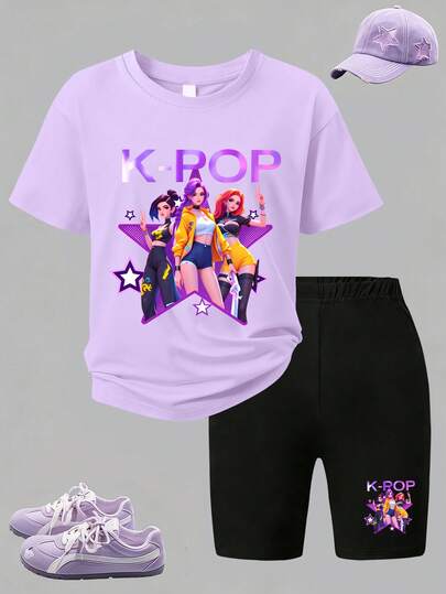 2pcs/Set Tween Girls Casual Y2K Style Fashion K-POP Short Sleeve T-Shirt And Leggings Set, Suitable For Spring/Summer, Back To School, Outdoor/Home/Travel Outfit