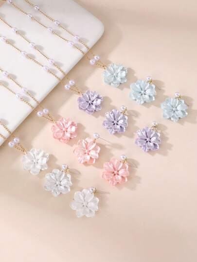 NAIZHU 3pcs/Set Fashionable Sweet Camellia Faux Pearl Colorful Floral Pendant Necklace & Earrings Jewelry Set, For Girls Daily & Party Accessories