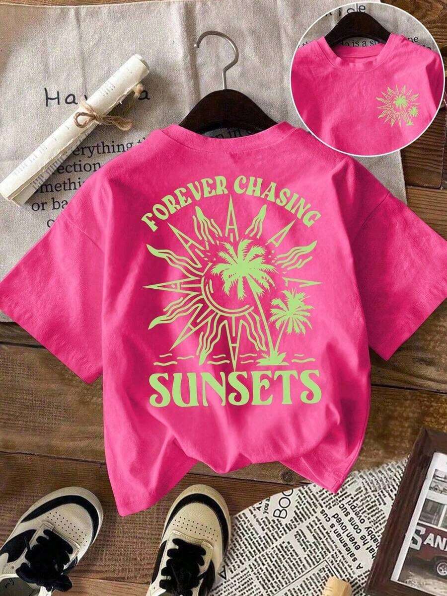 LUNE Women's T-Shirt, Casual Street Style Graphic Short Sleeve Tee, Cute Summer Top, Sunset Graphic Tee, Men's Graphic Tee, Summer T-Shirt, Sun Hoodie, Summer Sweatshirt, Summer Outfits For Women, Sweatshirts For Summer - 紫紅色 - 查看 1
