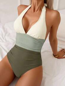 Traje de baño de una pieza con control de abdomen, estilo minimalista de unicolor, con escote halter y espalda descubierta, para vacaciones de verano en la playa - Multicolor 5 - Ver 3