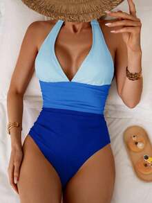Traje de baño de una pieza con control de abdomen, estilo minimalista de unicolor, con escote halter y espalda descubierta, para vacaciones de verano en la playa - Multicolor 6 - Ver 4