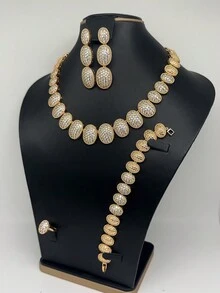 Bộ trang sức 4 món cao cấp đính ngọc trai và đá Zirconia, phong cách Trung Đông Dubai, màu trắng, phụ kiện cô dâu dự tiệc, quà cưới. - Vàng - Xem 3