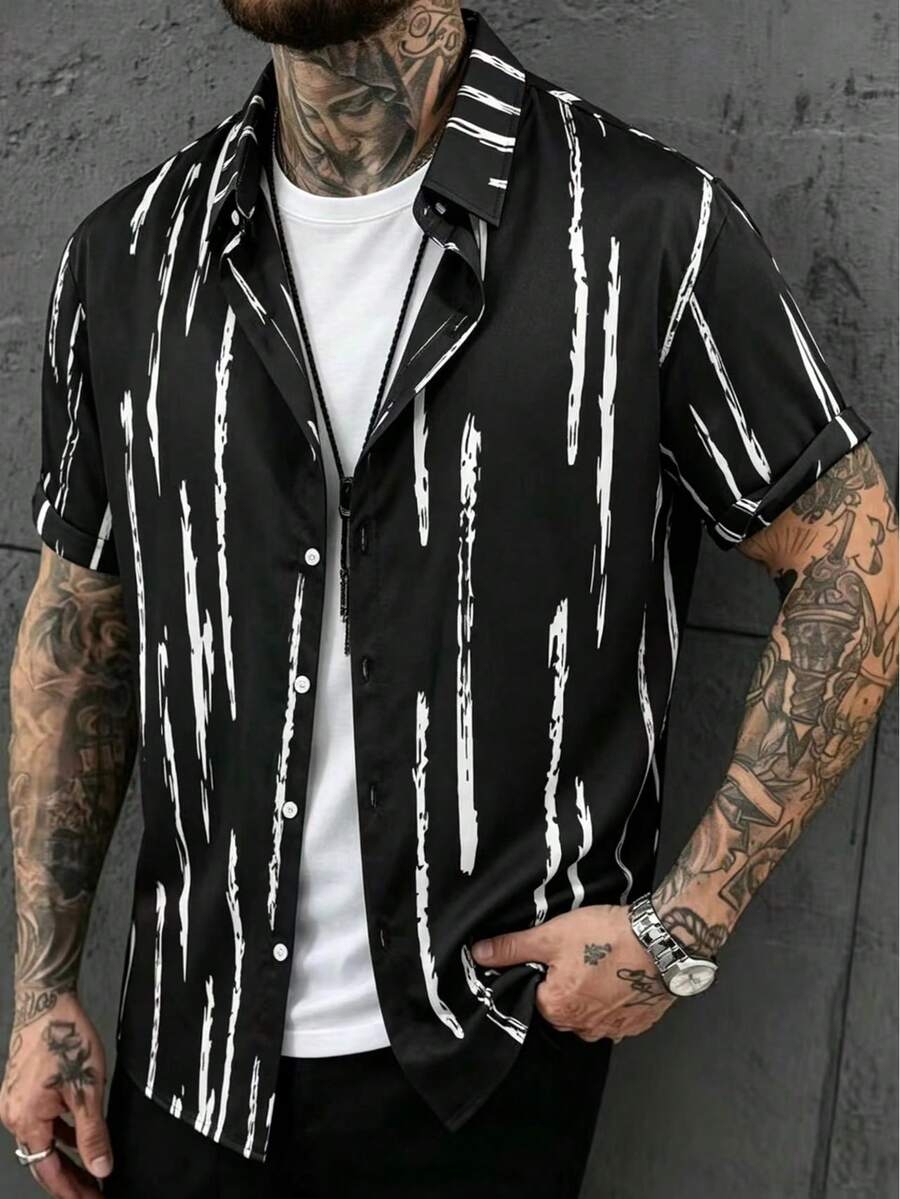 Men's Casual Short Sleeve Striped Shirt, Blue & Yellow, Summer - Black - View 1