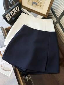 Pantalones cortos/falda/culotte/shorts de mujer de tela suave y texturizada de cintura alta con abertura, de uso versátil y casual, para primavera/otoño - Azul marino - Ver 3
