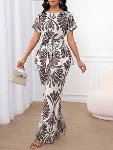 Lady Conjunto de dos piezas de mujer con top de manga corta y pantalones rectos sueltos, de unicolor, tela jacquard casual y elegante, cintura suelta y bajo en A. Apto para usar en primavera, verano y otoño. Atuendos de oficina, de vuelta al colegio, de iglesia, de salida y modestos para el aeropuerto. - Multicolor 2 - Ver 4
