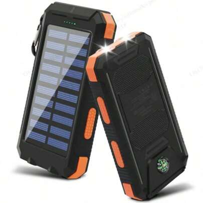 20000mAh Power Bank Solar Naranja-Negro con brújula y linterna LED resistente agua golpes para acampar senderismo exterior
