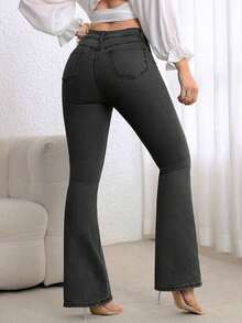 Women's Pocket Button Casual Versatile Daily Wear Flare Jeans - Negro - Ver 2