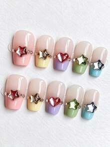 10pcs Short Tapered Handmade Press-On Nails, Macaron Color French Tip With Colorful Stars And Rhinestone Accents, Cute Sweet Summer False Nails, Easy To Wear For Beginners, Reusable, Suitable For Daily And Vacation Outfits - Multicolor - View 3