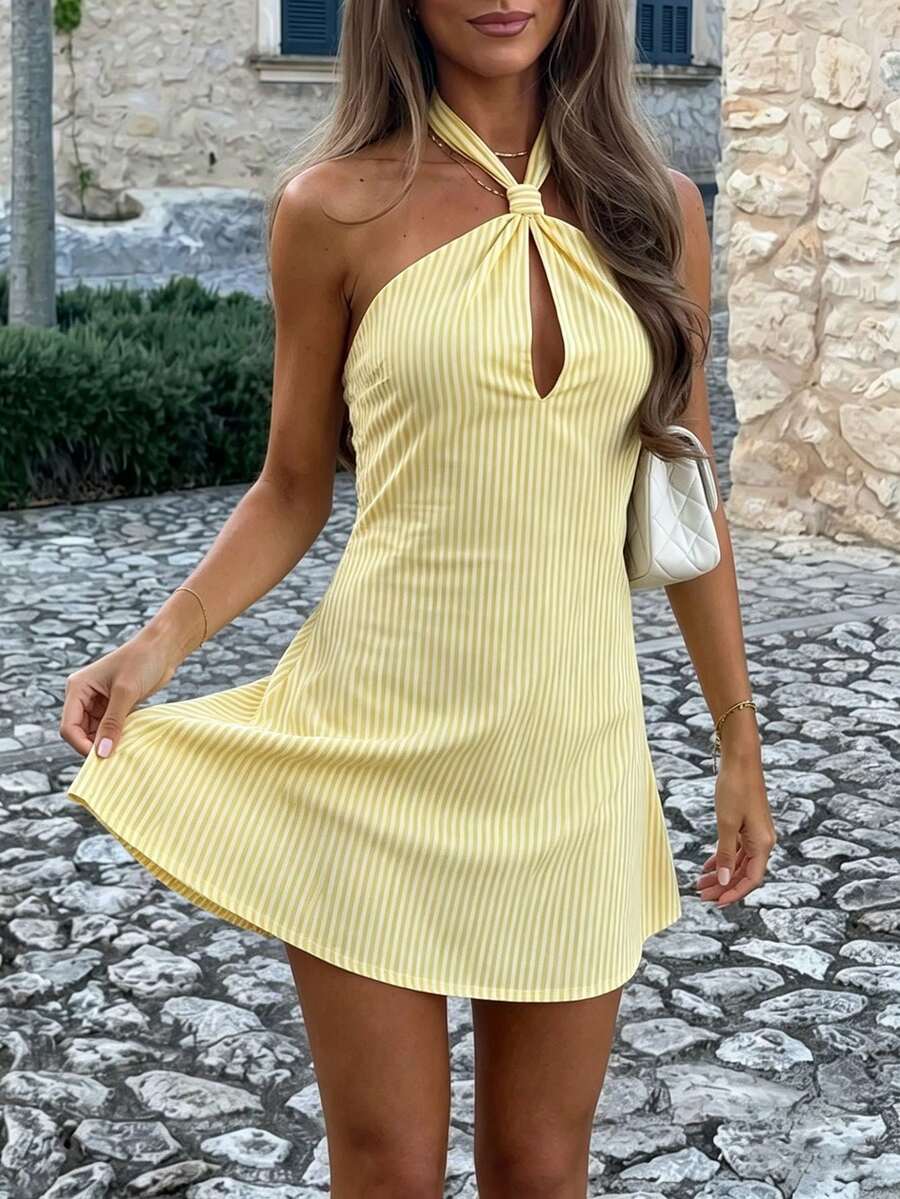 Yellow Striped Halter Mini Dress - Summer Vacation Hollow Out A-Line Backless Women's Dress Elegant - Yellow - View 1