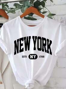 1 pieza de moda casual para hombres y mujeres. Camiseta casual de manga corta con cuello redondo y estampado de la palabra "New York" para mujeres, ideal para primavera y verano. Versátil, fácil de combinar, adecuada para uso diario, estilo urbano, conjuntos de vacaciones y atuendos de fin de semana. - Blanco - Ver 1