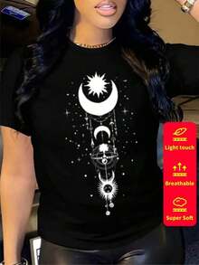 1 Pc Women's Short-Sleeved T-Shirt, Round Neck, 100% Cotton, Loose Fit, Casual And Versatile Style With Modern Print. 180g 100% Cotton - 8 - 查看 12