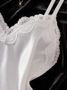 5pcs Solid Satin & Lace Patchwork Pajama Set, Including Long Sleeve Robe, Camisole, Shorts, Pants And Belt, Elegant Women Sleepwear Loungewear, Autumn/Winter - White - View 6