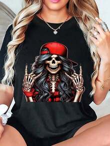 Unity Camiseta de cuello redondo con estampado de calavera de Halloween, top casual de manga corta para primavera y verano - Negro 2 - Ver 9