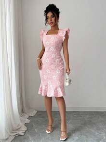 Vestido elegante de jacquard de cuello cuadrado y manga corta para uso diario, verano - Rosa - Ver 4