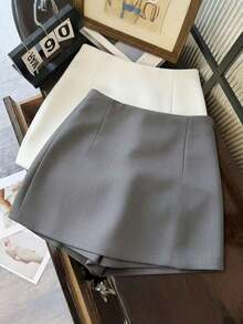 Pantalones cortos/falda/culotte/shorts de mujer de tela suave y texturizada de cintura alta con abertura, de uso versátil y casual, para primavera/otoño - Gris Claro - Ver 2