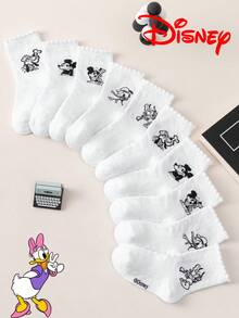 Disney 10/5/1 双迪士尼卡通人物中筒袜，迪士尼标志黑白复古线条艺术印花，荷叶边透气棉袜，学生日常穿着，春夏透气吸湿 - 彩色 - 查看 12