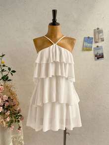 Nuevo vestido elegante y romántico para invitados de boda, de unicolor, con espalda descubierta, multicapa con volantes de gasa, minivestido, adecuado para estilo bohemio, boho, flores románticas, vacaciones, fiestas florales, citas, San Valentín, - Beis - Ver 7