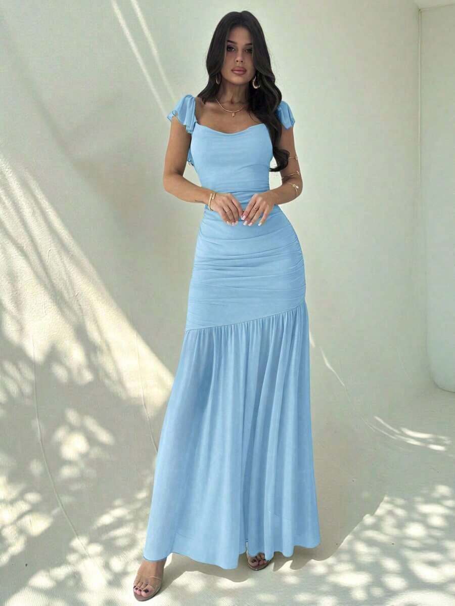 Vestido ajustado con volantes en el bajo, cintura anudada y malla verde elegante para mujeres, adecuado para fiestas, vacaciones, festivales de música, temporada de bodas, brunch, Día de San Patricio, vestidos largos bohemios para mujeres, Fairycore, atuendos de vacaciones, vestidos de graduación, atuendos de playa, atuendos de aeropuerto - Azul - Ver 1