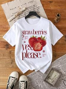Women's Round Neck T-Shirt With Retro Strawberry Print Design In Vintage Style - White - View 11