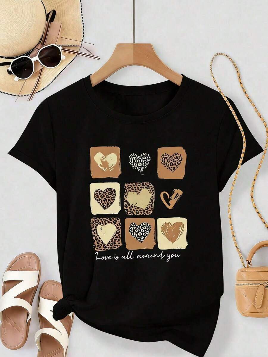 Women's 100% Cotton T-Shirts 2026, Oversized Women's T-Shirt, Relaxed Fit, Printed Top, Short Sleeve T-Shirt With Heart And Letter Prints, "Love Is Everywhere" T-Shirt, Women's Hen Party Top - Black - View 1