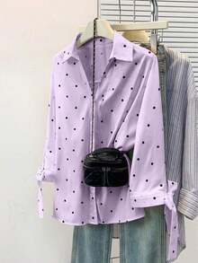 Camisa de mujer con botones y diseño de puños con corbata, de manga 3/4 con lunares, versátil para uso casual, de negocios, para ir y venir del trabajo, y para usar en primavera/verano/otoño de vacaciones - Morado - Ver 4