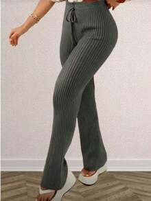 High-Waisted, Straight-Leg Knit Pants With Drawstring; Stylish, Versatile, Warm, And Casual. - Dark Grey - View 2