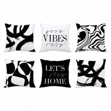 6件套现代简约黑白涂鸦图案抱枕套，黑白流动图案，印有“Good Vibes Only”和“Let's Stay Home”字样（不含枕芯），尺寸：17.7*17.7英寸（45*45厘米）/19.69*19.69英寸（50*50厘米）/15.75*15.75英寸（40*40厘米），单面印花，涤纶面料，抽象笔触线条装饰抱枕套，适用于沙发、床、客厅、卧室、汽车、办公室、酒店等场所，四季皆宜，是馈赠亲朋好友的完美礼物。 - 彩色 - 查看 14
