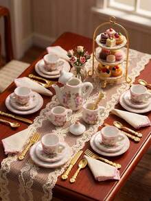 12/27pcs Miniature Ceramic Tea Set 1:12 Dollhouse Porcelain Tea Set, Mini Tea Cups Plates Teapot Tableware Set, Floral Pattern Mini Kitchen Accessories, Dollhouse Furniture Decor Gnome Kitchen Accessories, Birthday Gift Mini Tableware DIY Scene Props - A - View 4