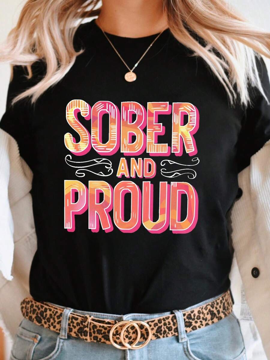 SOBER & PROUD Women's Short Sleeve Graphic Print T-Shirt - Vibrant Geometric Pattern, Medium Elasticity Casual Top, Comfortable Fit, Machine Washable For All Seasons, Ladies' T-Shirts, Soft Fabric - 黑色 - 查看 1