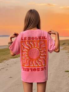 Damen lässiges Y2K Boho-Stil T-Shirt, minimalistischer englischer Buchstaben-Muster Rundhals-Pullover für den Alltag, Brunch Pink Sommer - Pink - Übersicht 7