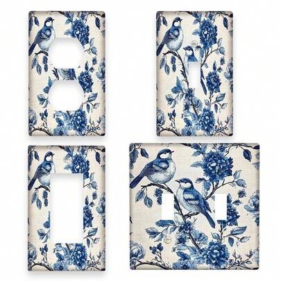 1 pièce Plaque de recouvrement de panneau d'interrupteur à 1 ou 2 voies avec motif d'oiseau bleu et de fleurs, plaque murale décorative pour chambre à coucher, salle de bain ou salle de jeux, polyvalente, facile à nettoyer, convient pour le salon, la cuisine, toutes les saisons, design plat 2D