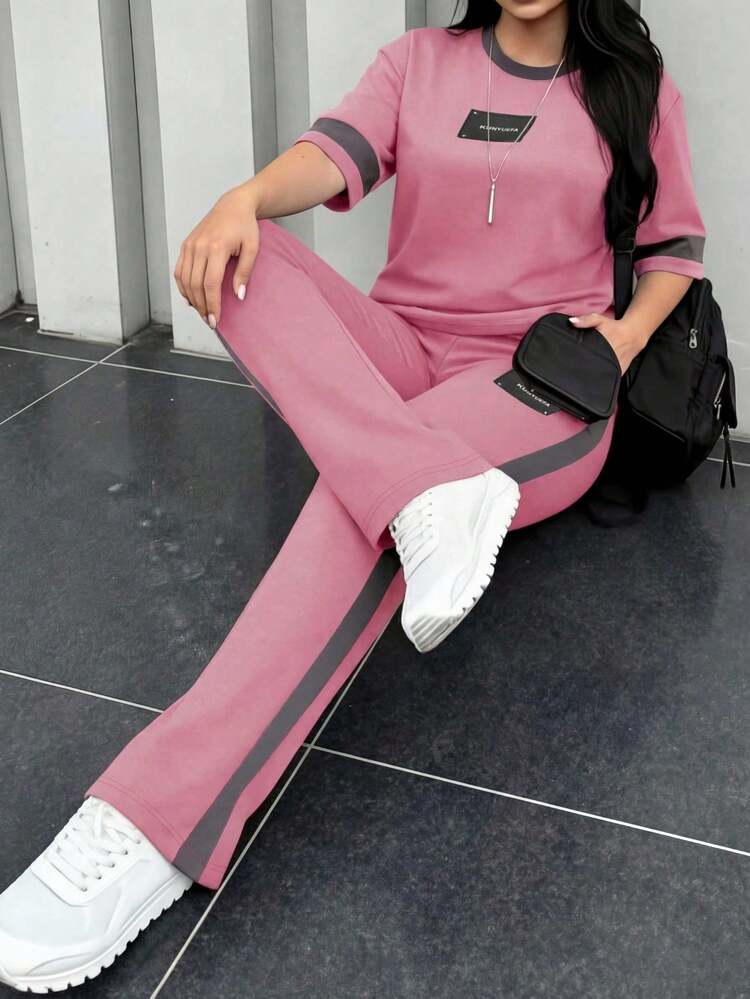 Bộ 2 món áo thun nữ cổ tròn tay ngắn và quần ống rộng cạp chun, mặc thường ngày phong cách casual, xuân/thu/hè - Hồng 231 + Xám - Xem 8