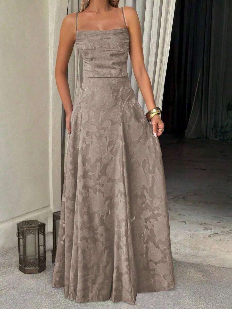Vestido de verano sexy y elegante para mujer de Unadoll, con cinturón de cordón en la cintura y diseño sin espalda, hecho de tela jacquard, adecuado para vacaciones, playa, citas, vuelta al colegio, bodas, fiestas y otras ocasiones - Caqui - Ver 1