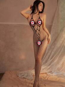 Macacao Feminino Sexy com Decote Halter e Design de Malha Aberta Meia de Corpo Inteiro,lingerie erótica - Preto - Visão 2