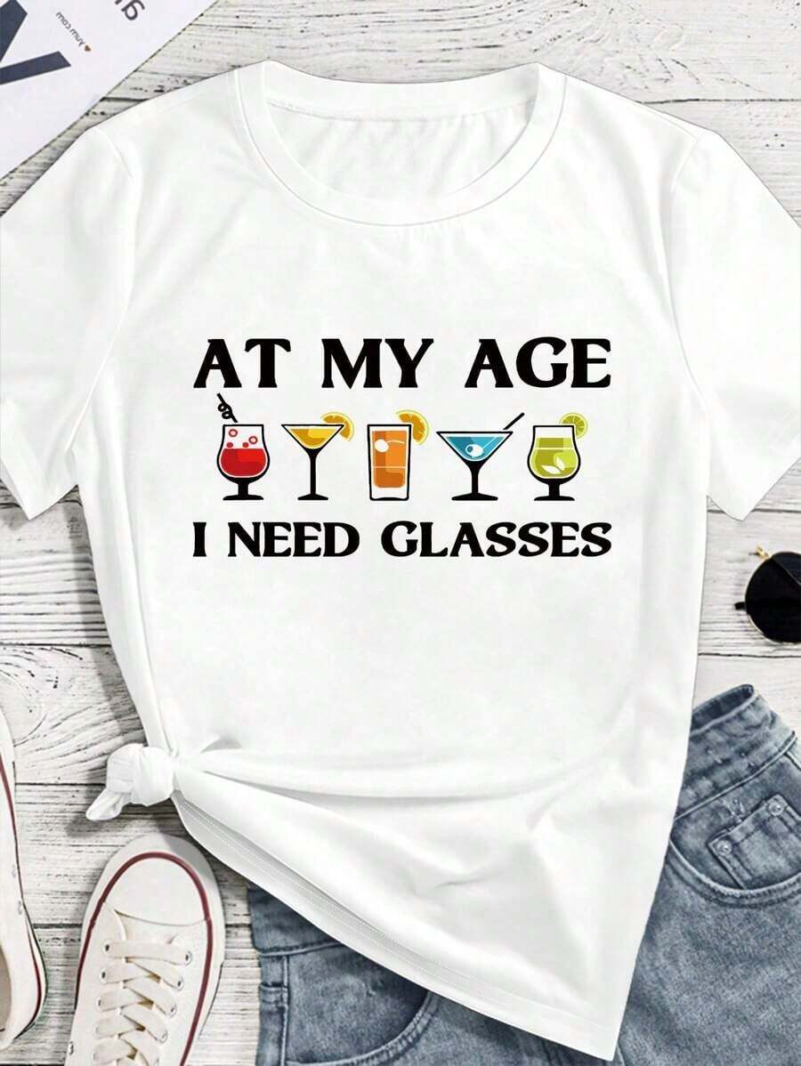 Camiseta Casual de Manga Corta con Estampado de Copa de Vino Minimalista y a la Moda, Camisetas Gráficas para Mujer - Blanco - Ver 1