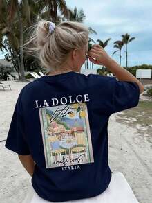 Camiseta de manga corta para mujer con estampado retro italiano de vino y comida, estilo mediterráneo, holgada, con diseño gráfico, cuello redondo, informal, adecuada para uso diario, ropa de calle, salidas de verano, vacaciones, color blanco. - Marina de - Ver 6