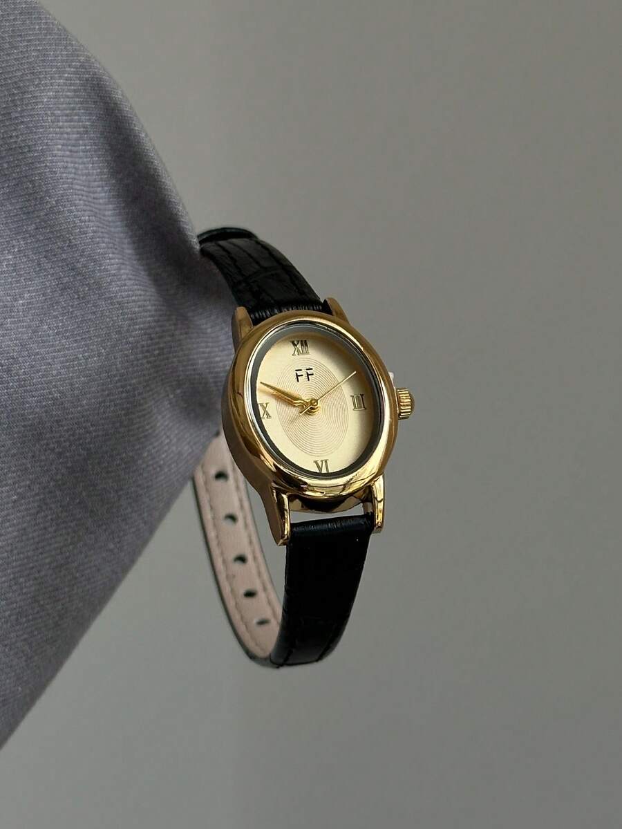1pc Retro Style Adjustable Strap Quartz Women's Watch Elliptical With Roman Numeral Scale For Compact And Perfect For Daily - Black - View 1