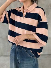 Camiseta holgada a rayas para mujer, cuello polo, manga corta, ropa casual de verano, ropa para la vuelta al cole. - Rosa - Ver 12