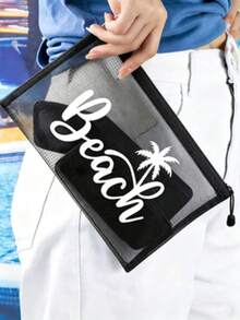 1個時尚網格防水海灘包，印有「Beach」椰子樹圖案化妝包，海灘主題，大容量透明化妝包，尼龍拉鍊盥洗包，輕巧，可存放防曬霜、零食、比基尼和海灘用品，春/夏收納，耐用，適合游泳、海灘、潛水和夏季度假，學生開學，輕巧防曬收納包 - 多色 - 查看 8