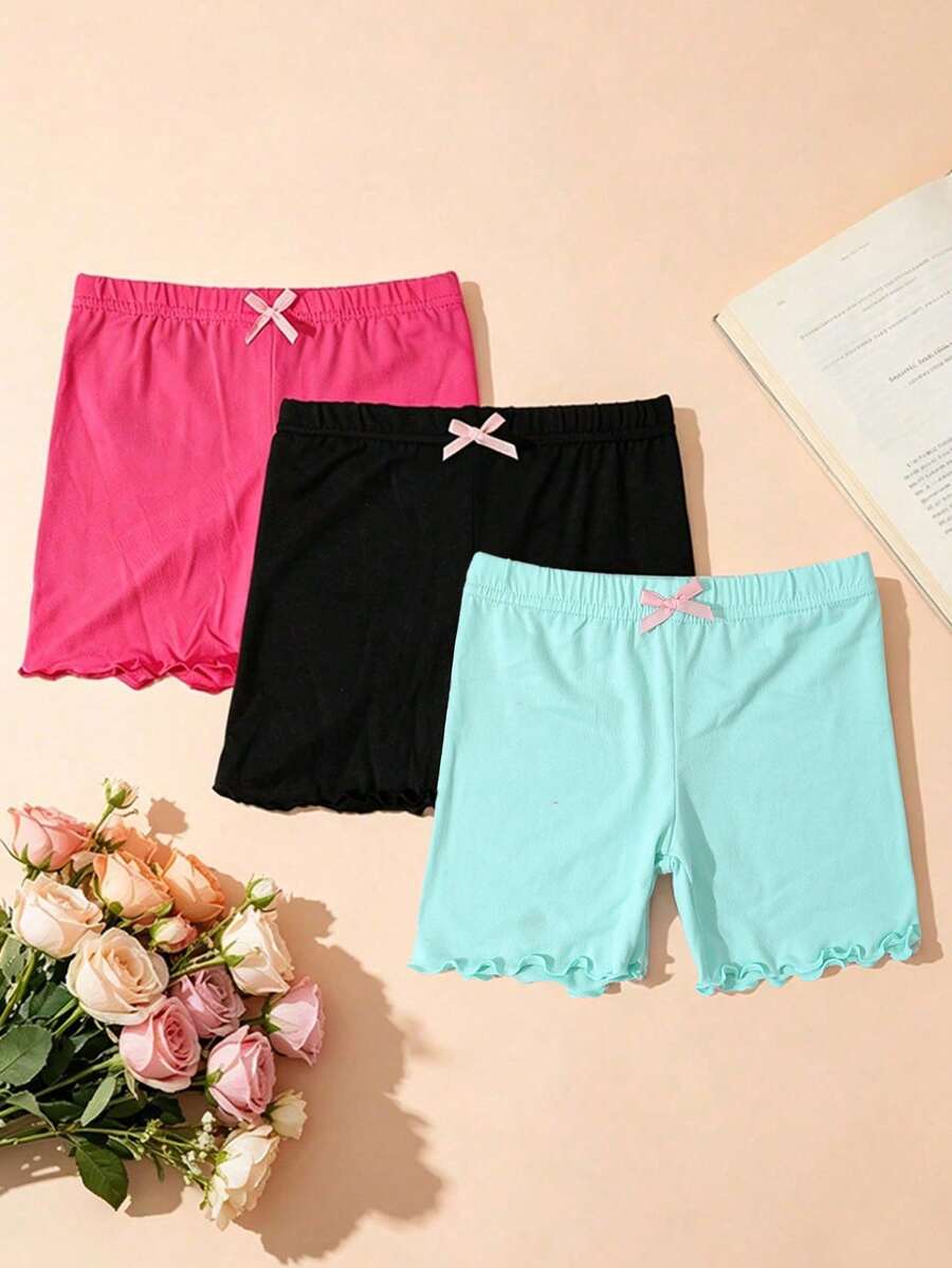 3件套女童纯色休闲短裤,简约荷叶边装饰打底裤,百搭日常装 - 彩色 - 查看 1