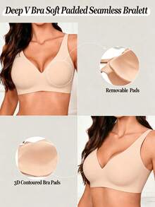 Women's Seamless Removable Pad Wireless Basic Solid Color Lift And Gather Bra - Apricot - View 4
