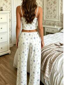 Set de pijama con 2 piezas: Top corto tipo camiseta con estampado floral ditsy + Pantalón recto de cintura elástica - Blanco - Ver 5