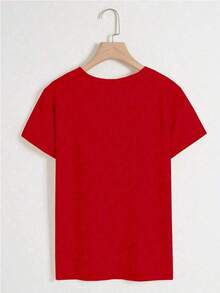 Camiseta de manga corta con cuello redondo, estampado de flores de rosa y mariposas, de estilo casual para mujer, para verano - Rojo - Ver 2