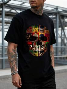 Alternative Style Men's Short Sleeve T-Shirt With Skull Print Formed By Multiple Colorful Lucha Libre Masks, Creative And Vibrant Design, Loose Fit, Ideal For Urban Art And Mexican Culture Lovers, 220 G 100% Cotton, Soft, Breathable And Long-Lasting, Artistic - 黑色 - 查看 3
