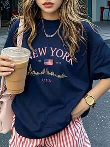 Women's Short-Sleeved T-Shirt With A Round Neck And Simple Slogan Print, Casual Summer Style, Loose Fit, Ideal For Everyday Wear And Holidays. Women's T-Shirt. - 海軍藍 2 - 查看 10